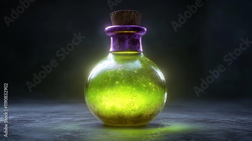 Glowing lime-green potion bottle with a cork stopper. Generative AI photo