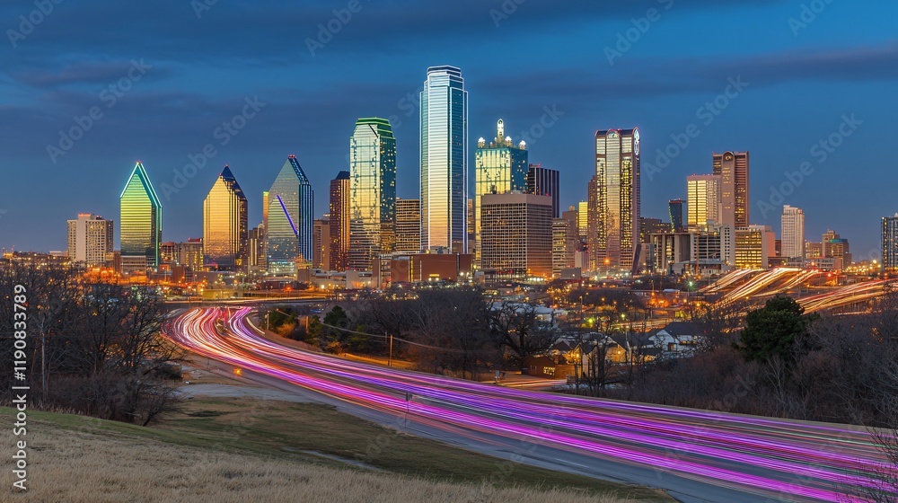 Obraz premium Stunning Dallas Skyline at Dusk with Light Trails