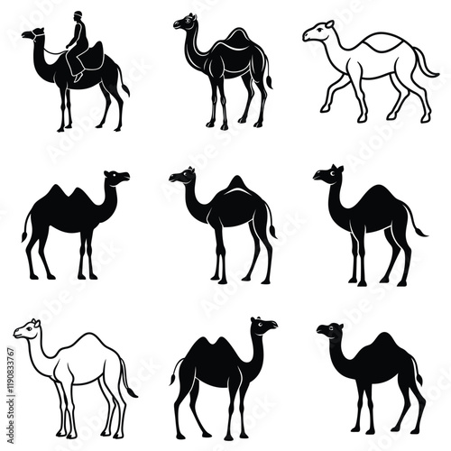 Set of Camel Silhouette illustration vector, Desert Camel clipart Design, Camel outline design
