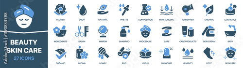 Beauty and skin care colored signed icon collection. Cosmetics, cream, bath, hair dryer icons. UI icon set. Colored icons pack. Vector illustration EPS10