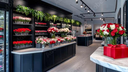 Elegant Floral Boutique Interior with Lush Rose Arrangements and Modern Design