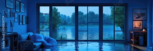 Serene Flooded Living Room Overlooking a Tranquil Lake at Dusk with Soft Ambient Lighting