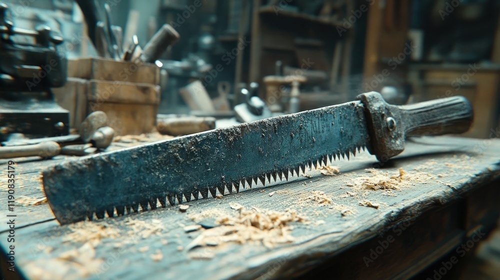 Rusty hand saw on a wooden workbench in a workshop. Rusty hand saw on a wooden workbench in a workshop.
