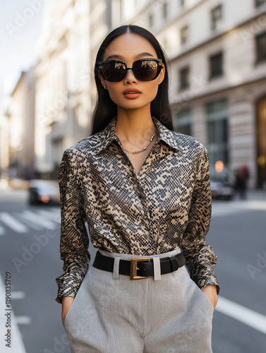 Stylish woman in fashionable outfit on city street