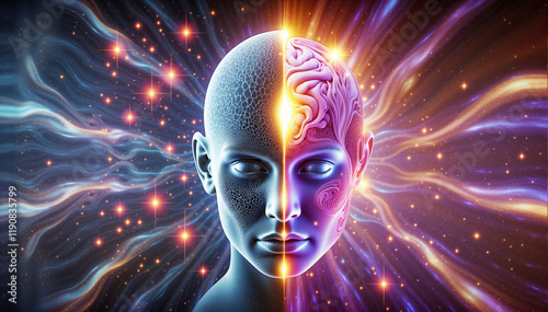 Surreal Human Face Split Between Neural Brain Design and Cosmic Energy Flow