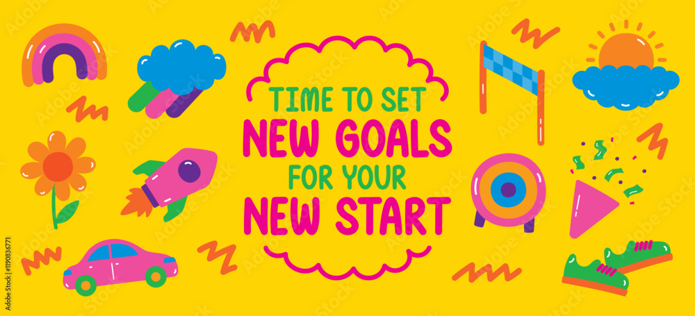 cute and fun colorful hand drawn flat style graphic element vector set in new goal and start concept cute and fun colorful hand drawn flat style graphic element vector set in new goal and start concept