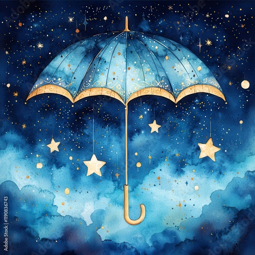 Enchanting Blue Umbrella Canopy with Shimmering Stars Against a Night Sky, Perfect for Dreamy Illustrations and Whimsical Decor photo