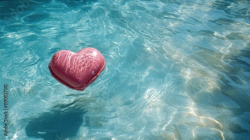 Red heart shaped balloon floating on the surface of a clear blue swimming pool water valentine day