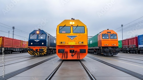 Railway yard with cargo trains being loaded, symbolizing intermodal transportation in logistics