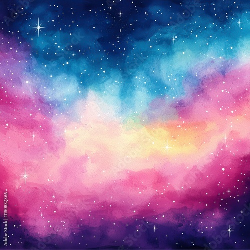 Vivid Watercolor Nebula in Cosmic Colors with Ethereal Effects and Starry Background, Ideal for Celestial Art and Space-themed Projects photo