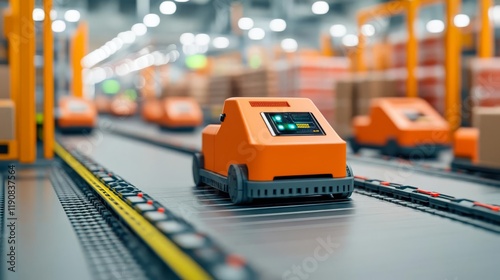 Robotically guided vehicles managing goods in a high-tech distribution center photo