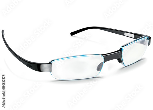 A pair of futuristic smart glasses with a sleek design, glowing subtly, placed on a transparent background.