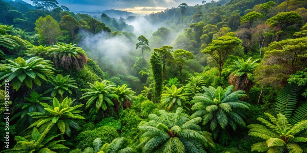 Obraz premium Lush Tropical Jungle: Misty Rainforest Ecosystem, Oxygen Production, Plant Transpiration