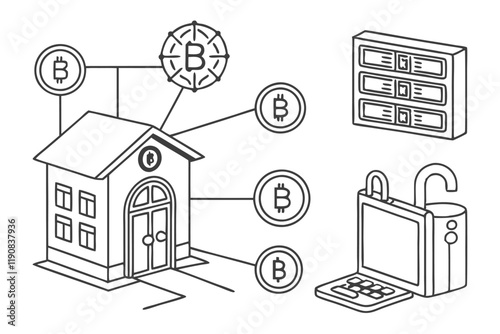Blockchain security icons, line art, minimalist design, technology symbols, cryptography, digital networks, data protection, cryptocurrency, smart contracts, decentralized systems, network nodes, encr