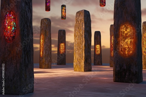 Illuminated Stone Pillars at Sunset in a Mystical Landscape with Vibrant Colors and Shadows