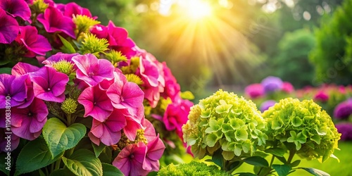 Vibrant Fuchsia Superbells & Limelight Hydrangeas: Sunny Summer Garden Photography photo