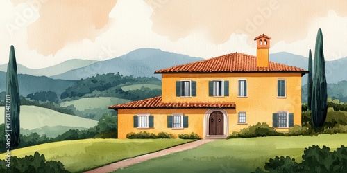 A charming yellow house with terracotta roof tiles, nestled in lush green hills under a soft, cloudy sky.