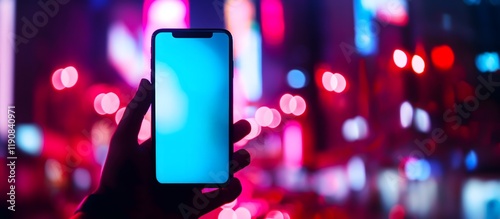 Hand Holding Smartphone with Blank Screen. City lights at night bokeh background