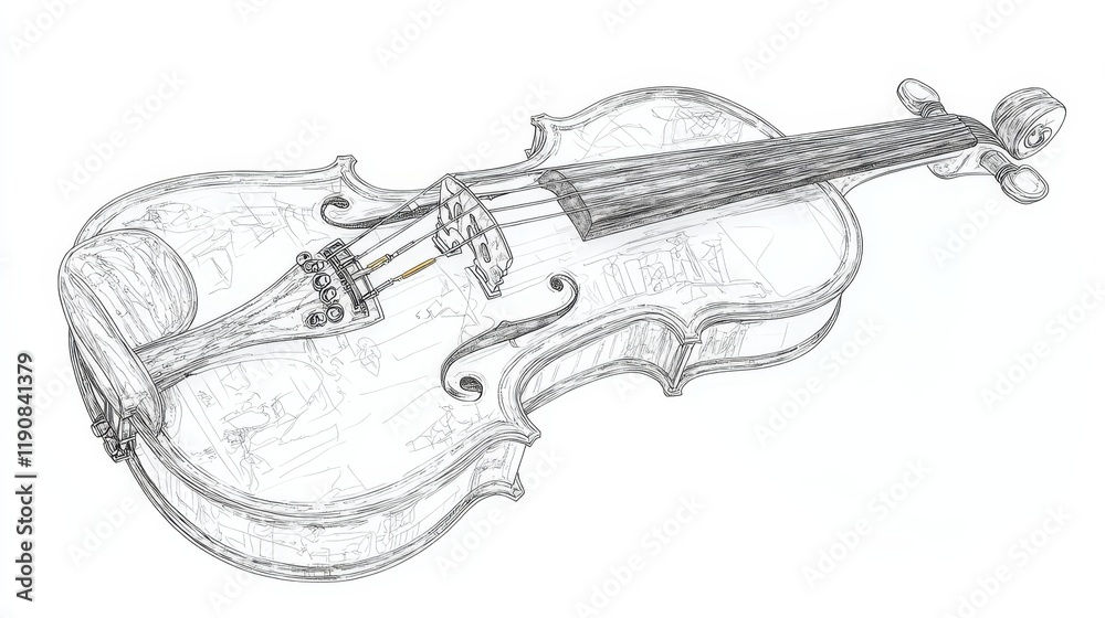 Obraz premium Elegant Detailed Violin Outline A Vector Line Drawing Illustration on White Background.