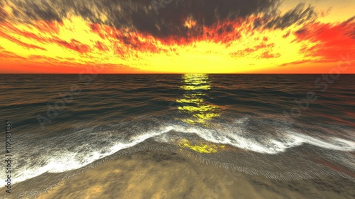 Vibrant Sunset Over Ocean Waves with Dramatic Sky