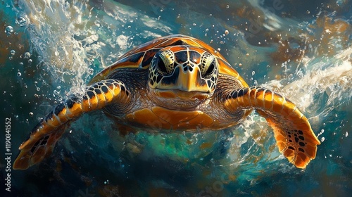 Sea Turtle Emerging from Ocean Depths. Generative AI photo