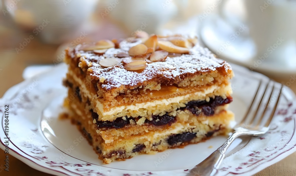 Layered almond and prune cake, Generative AI Layered almond and prune cake, Generative AI