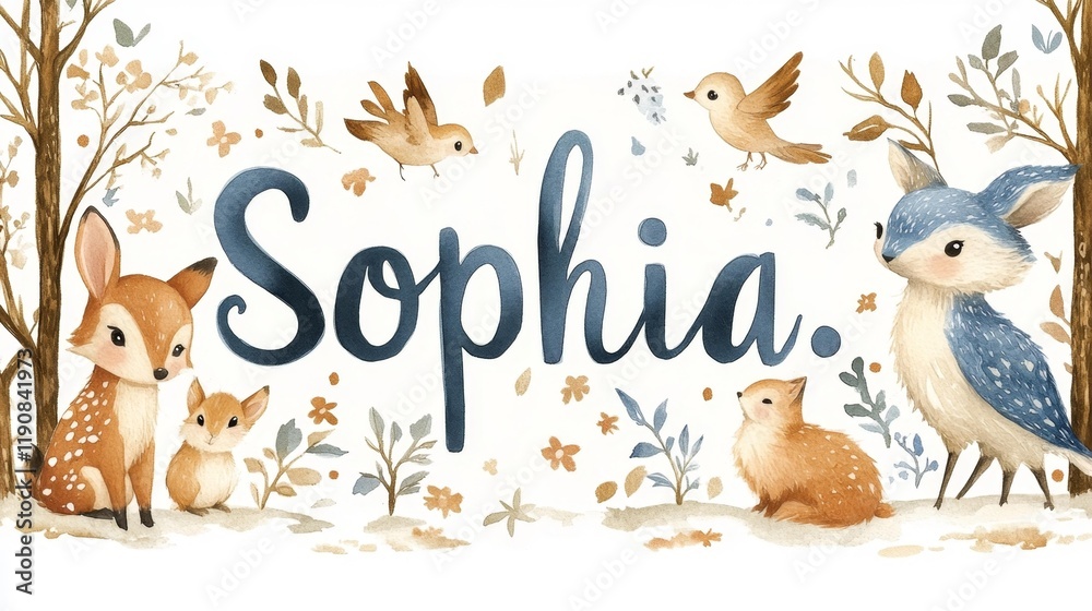 Fototapeta premium Whimsical woodland name illustration with animals. Generative AI