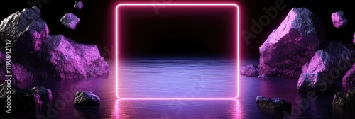 Neon Frame Amidst Floating Rocks in a Mystical Landscape