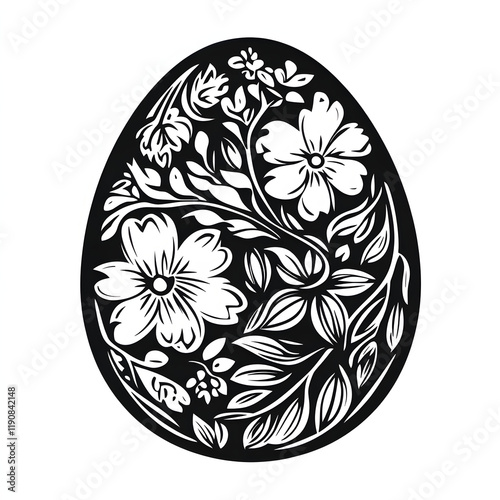 Easter egg line art black and white illustration, art for print, sketch tattoo idea, floral and botanical  ornament, flowers, Easter ideas for eggs drawing, printable, on white background  photo