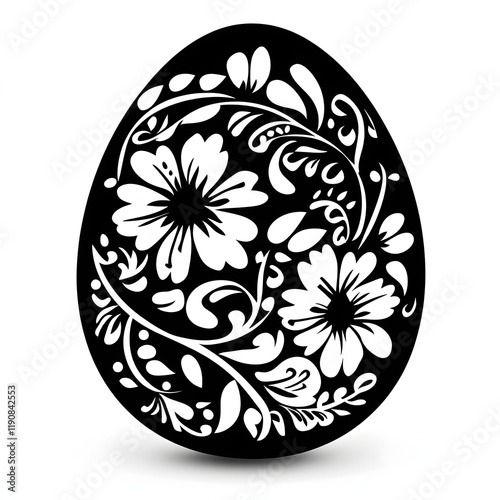 Easter egg line art black and white illustration, art for print, sketch tattoo idea, floral and botanical  ornament, flowers, Easter ideas for eggs drawing, printable, on white background  photo