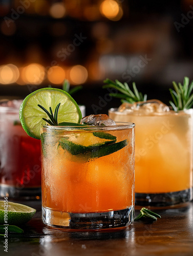 Refreshing cocktails with lime and rosemary in bar setting