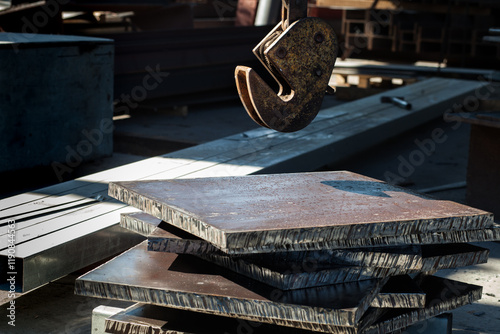 Clamp for lifting sheet metal with a crane. Clamp for moving metal plates with thick metal plates lying next to them