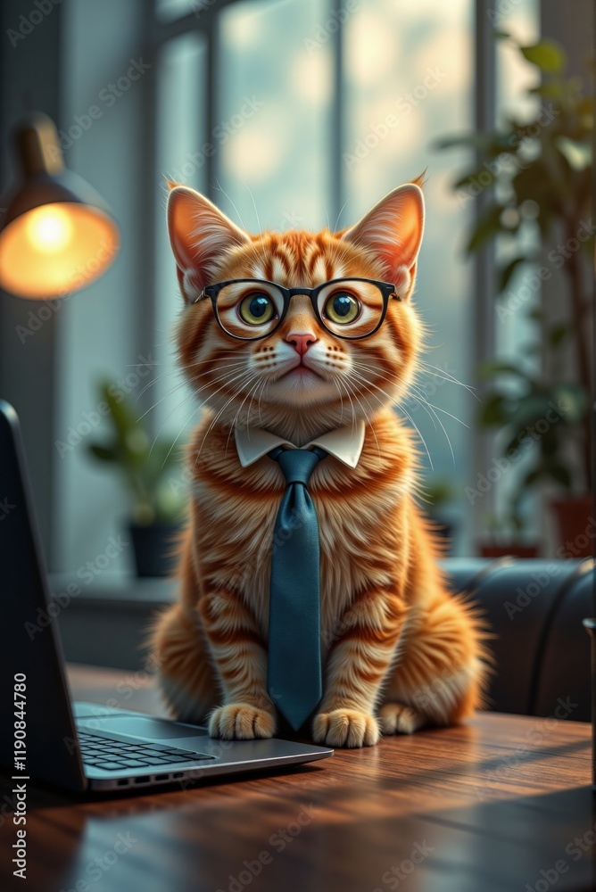 Cat wearing glasses and tie sitting at desk with laptop in stylish home office Cat wearing glasses and tie sitting at desk with laptop in stylish home office