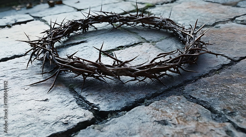 A crown of thorns rests on a stone pavement, a powerful image evoking themes of sacrifice, suffering, and religious symbolism. photo