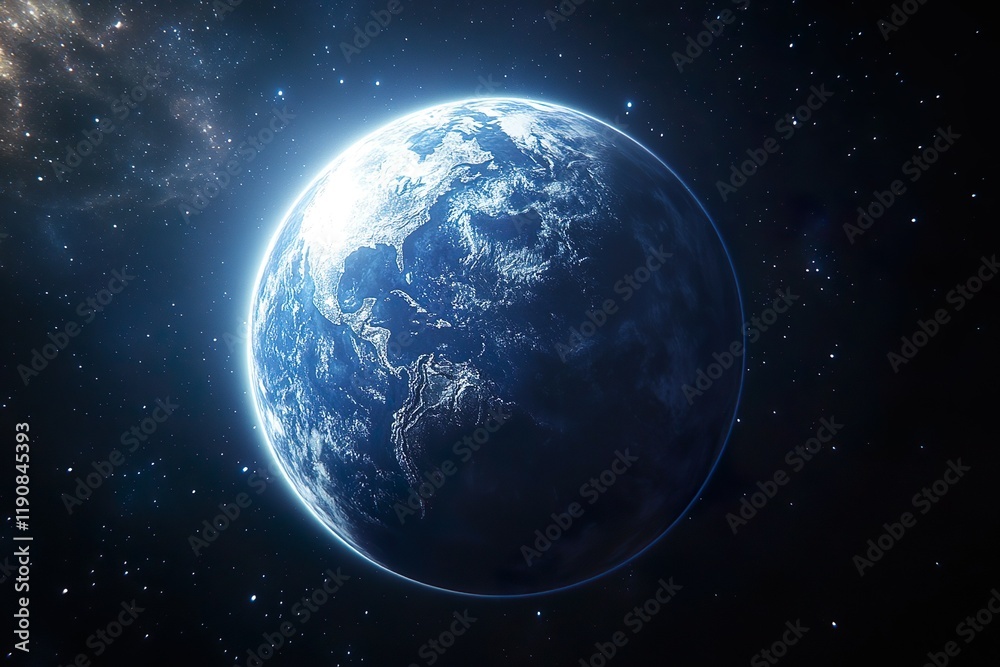 This is a space photography image of a beautiful blue planet that looks like Earth in a vast dark space with shining stars. This is a space photography image of a beautiful blue planet that looks like Earth in a vast dark space with shining stars.