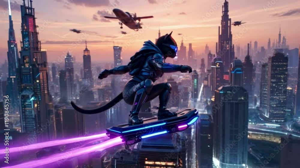 A cat riding flying skateboard
