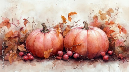 Pastel Pumpkins with Botanical Details. Generative AI photo