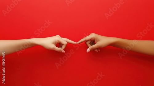 Happy positive women hook each others little fingers in conciliation or friendship smile toothily keep eyes closed stand closely against bright red background wear casual clothes. Relationship concep