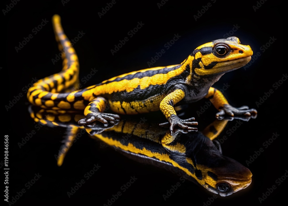 Obraz premium Vibrant Yellow & Black Lizard, Long Tail, Isolated on Black Background - Stock Photo