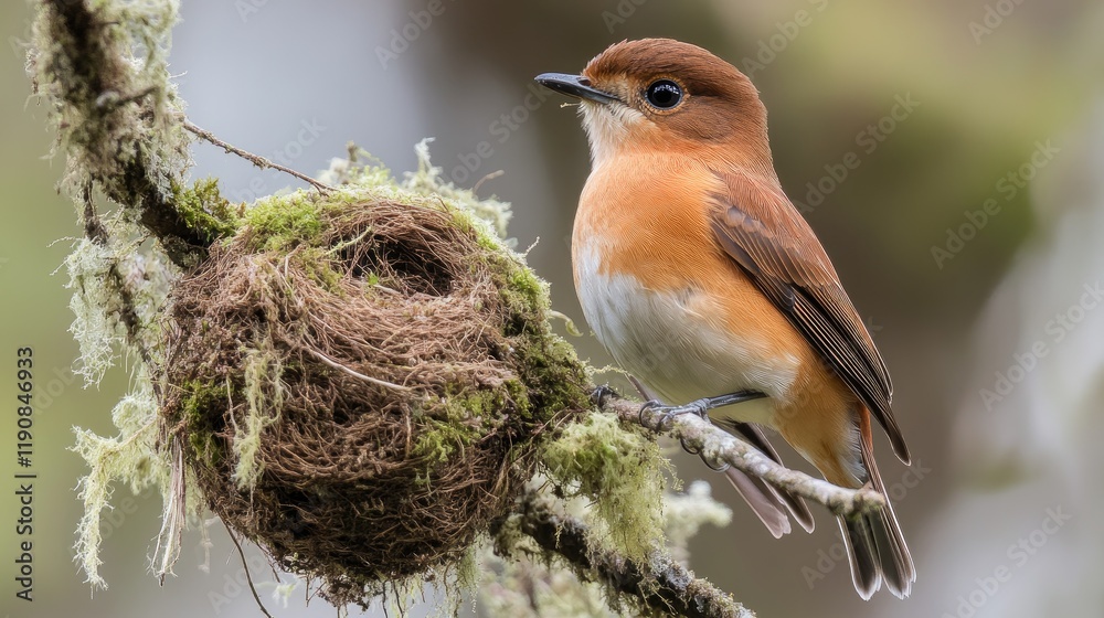Fototapeta premium Bird Observing Nest in Lush Forest Setting - A Serene Nature Scene Captured in Detail