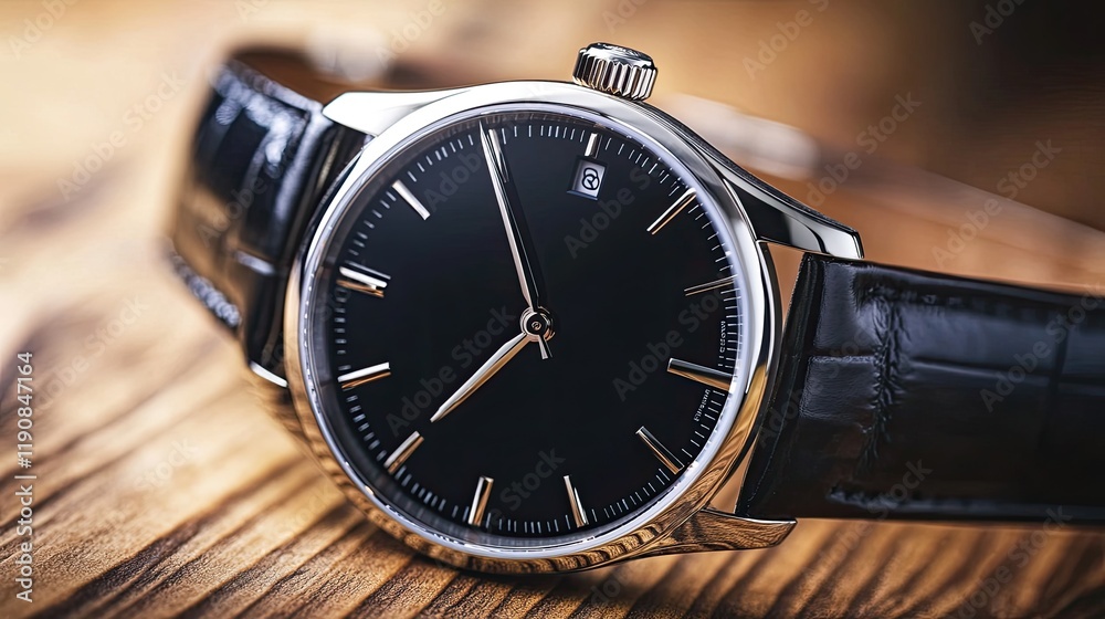 A close-up of a luxurious designer watch with a black leather strap, elegantly laid on a polished wooden surface
