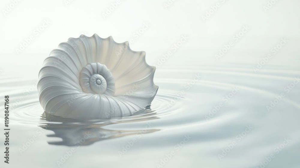 Obraz premium White spiral shell floats on calm water, creating ripples.