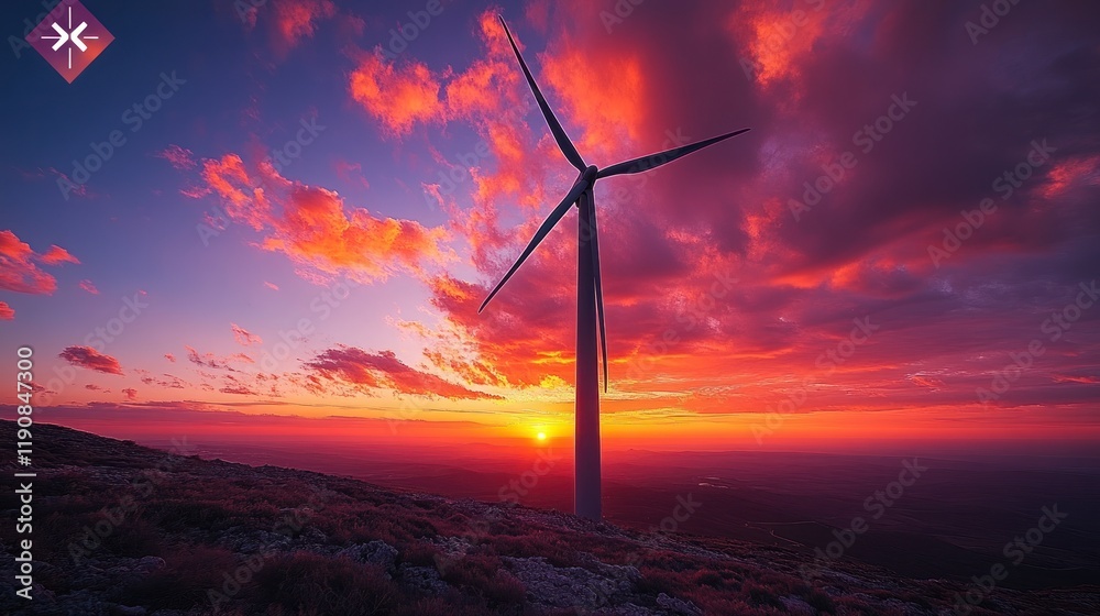 Wind turbine silhouetted against a vibrant sunset. Wind turbine silhouetted against a vibrant sunset.