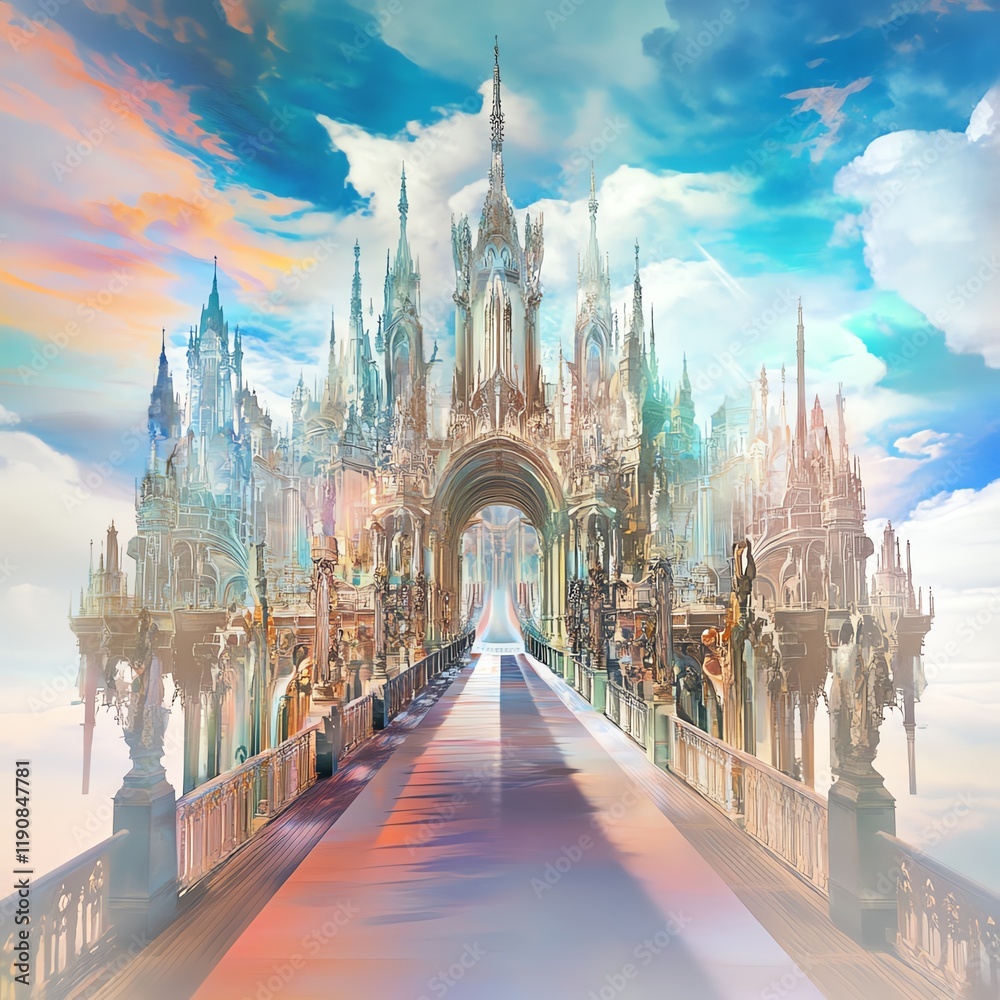 Obraz premium Majestic fairytale castle at sunrise. Dreamlike architecture, vibrant colors, and enchanting cloudscape.