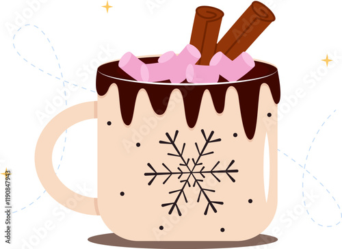 Hot chocolate drink with marshmallows and cinnamon. Vector illustration