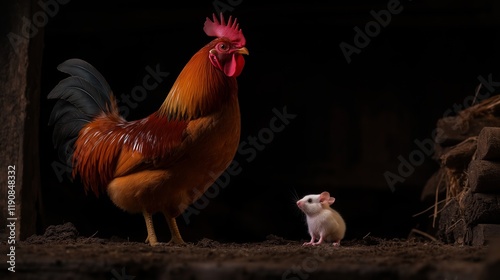 In a rustic farmhouse, a majestic rooster walks proudly, displaying its authority. Nearby, a cute little white mouse curiously observes everything around, creating a stark contrast between them. photo