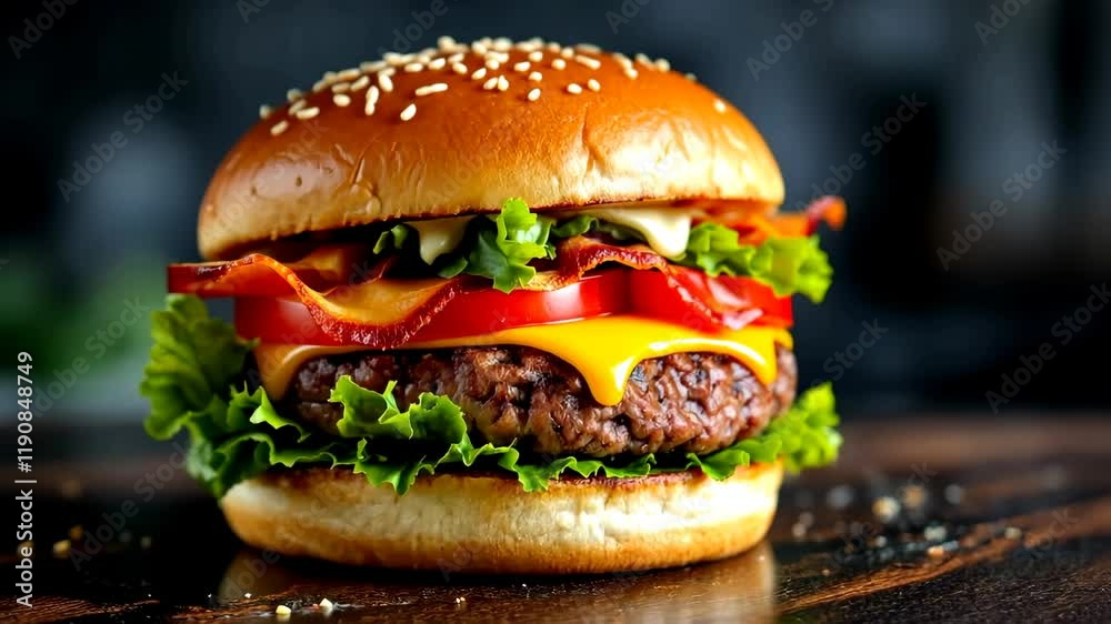 Close-up of a juicy cheeseburger with crispy bacon, fresh lettuce, tomato, melted cheddar cheese, and mayonnaise on a sesame seed bun, on a dark wooden surface Close-up of a juicy cheeseburger with crispy bacon, fresh lettuce, tomato, melted cheddar cheese, and mayonnaise on a sesame seed bun, on a dark wooden surface
