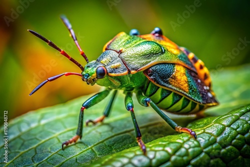 Macro Photography: Marble Bug (Halyomorpha halys) on Green Leaf in Natural Light photo