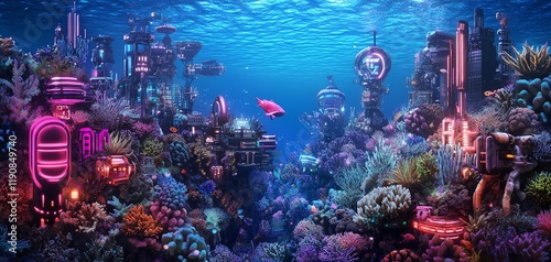 High-angle view of a vibrant underwater city photo