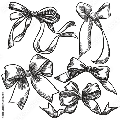 Bow sketch. Collection of decorative holiday ribbons for birthday, wedding or celebration.